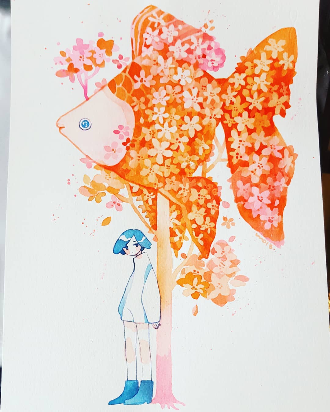 1girl animal arms_at_sides blue_footwear blue_hair boots clothing_request expressionless fins fish flower goldfish highres limited_palette long_sleeves maruti_bitamin no_nose orange_flower original oversized_animal photo pink_flower plant short_hair solo traditional_media tree watercolor_(medium) white_background