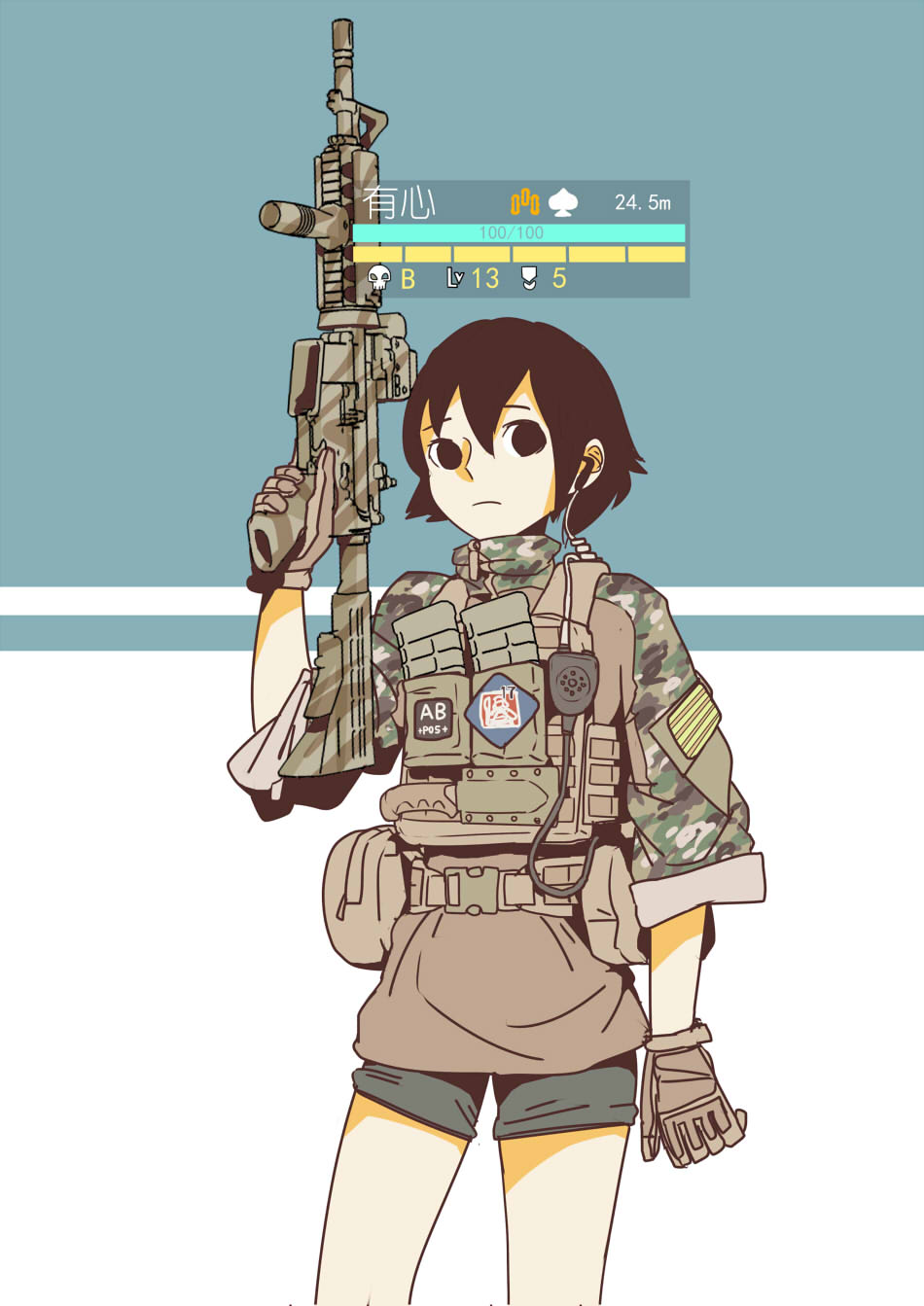 1girl assault_rifle black_eyes black_hair camouflage chinese chinese_commentary commentary_request earpiece etmc1992 gloves gun health_bar highres holding holding_gun holding_weapon load_bearing_vest m4_carbine original rifle short_hair short_shorts shorts solid_eyes solo trigger_discipline user_interface weapon white_background