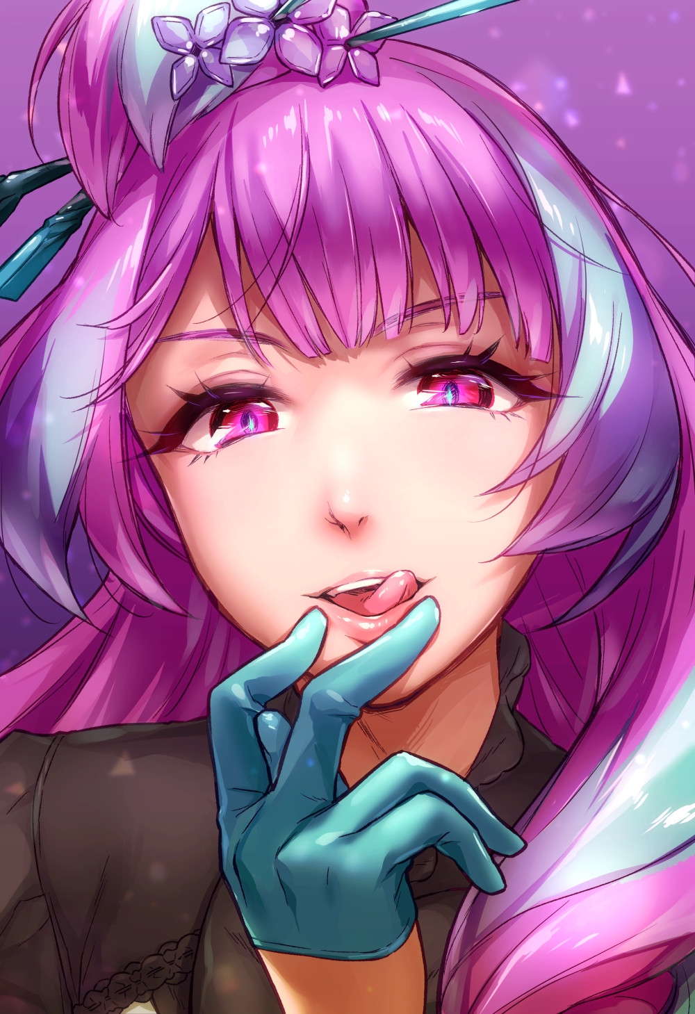 1girl :d black_shirt blue_eyes blue_gloves eyebrows_visible_through_hair gloves hair_ornament hair_over_shoulder hairpin half_gloves highlights highres long_hair looking_at_viewer macross macross_delta mikumo_guynemer multicolored_hair one_side_up open_mouth pink_eyes pink_hair purple_background shirt smile solo ssn tongue tongue_out upper_body