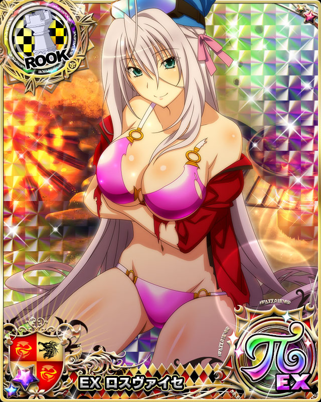 1girl antenna_hair aqua_eyes bare_shoulders bikini bikini_under_clothes blush breast_hold breasts card_(medium) character_name chess_piece closed_mouth fire goggles goggles_on_head hair_ribbon hat high_school_dxd high_school_dxd_pi large_breasts long_hair looking_at_viewer navel no_pants off_shoulder official_art open_clothes pink_bikini ribbon rook_(chess) rossweisse silver_hair sitting smile snowman solo swimsuit torn_bikini torn_clothes trading_card very_long_hair winter_clothes