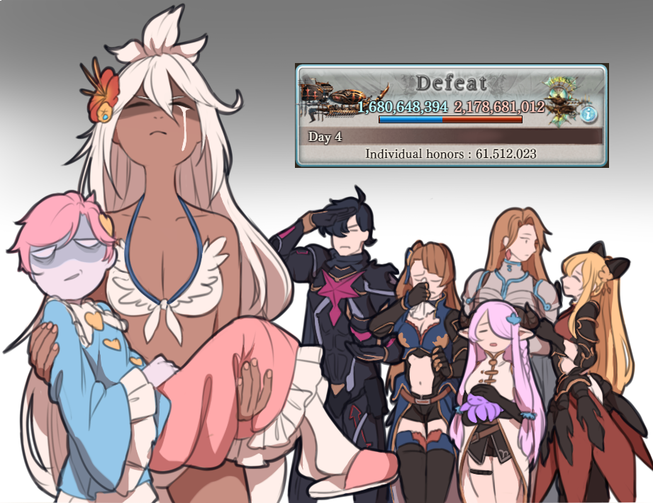 1boy 6+girls ahoge aircraft airship armor arrow bags_under_eyes beatrix_(granblue_fantasy) bikini black_hair blank_eyes blonde_hair blouse bow breasts brown_hair carrying character_request closed_eyes commentary crying defeat earrings flower frills garter_belt gloves gradient gradient_background granblue_fantasy hair_bow hair_flower hair_ornament handkerchief heart helmet holding holding_helmet horns jewelry katalina_aryze komeiji_satori leaf_hair_ornament long_hair long_sleeves mefomefo multiple_girls narmaya_(granblue_fantasy) navel octopus open_mouth pink_hair purple_hair salute shaded_face shirou_(granblue_fantasy) short_hair shorts simple_background skirt slippers swimsuit tan tears text_focus thigh-highs touhou very_long_hair vira_lilie white_hair wide_sleeves zooey_(granblue_fantasy)