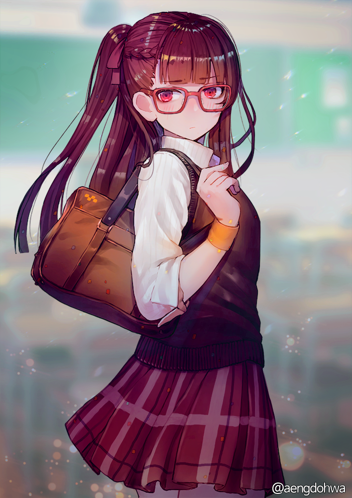 1girl alternate_costume bag bangs blunt_bangs blurry blush braid closed_mouth collared_shirt cowboy_shot depth_of_field eyebrows_visible_through_hair french_braid from_side girls_frontline glasses hair_ribbon half_updo hanato_(seonoaiko) hand_up holding holding_bag long_hair looking_at_viewer one_side_up plaid plaid_skirt pleated_skirt purple_hair red-framed_eyewear red_eyes ribbon school_bag school_uniform shirt skirt sleeves_folded_up sleeves_past_elbows solo standing strap striped striped_shirt sweater_vest uniform wa2000_(girls_frontline) white_shirt wristband