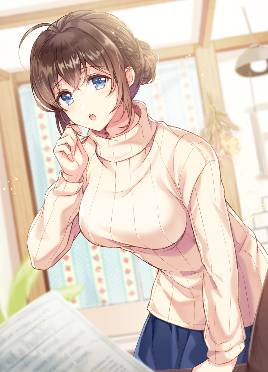 1girl :o ahoge arm_support bangs blue_eyes blue_skirt blurry blurry_background blush braid breasts brown_hair ceiling_light commentary_request depth_of_field eyebrows_visible_through_hair fingernails hair_between_eyes hair_bun hand_up highres indoors leaning_forward long_sleeves looking_at_viewer medium_breasts mono_lith original parted_lips pleated_skirt ribbed_sweater sidelocks skirt solo sweater upper_teeth