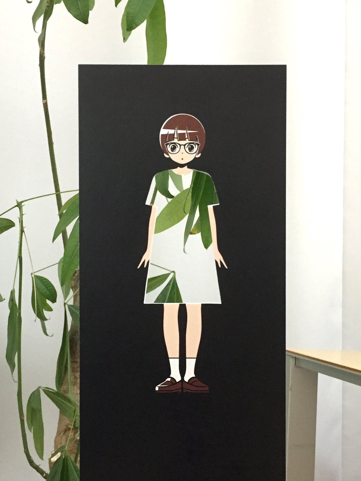 1girl arms_at_sides bangs blunt_bangs brown_footwear brown_hair dress full_body glasses highres indoors leaf leaf_print looking_at_viewer original panasonynet patterned_clothing photo plant shoes short_hair socks solo standing unconventional_media white_legwear