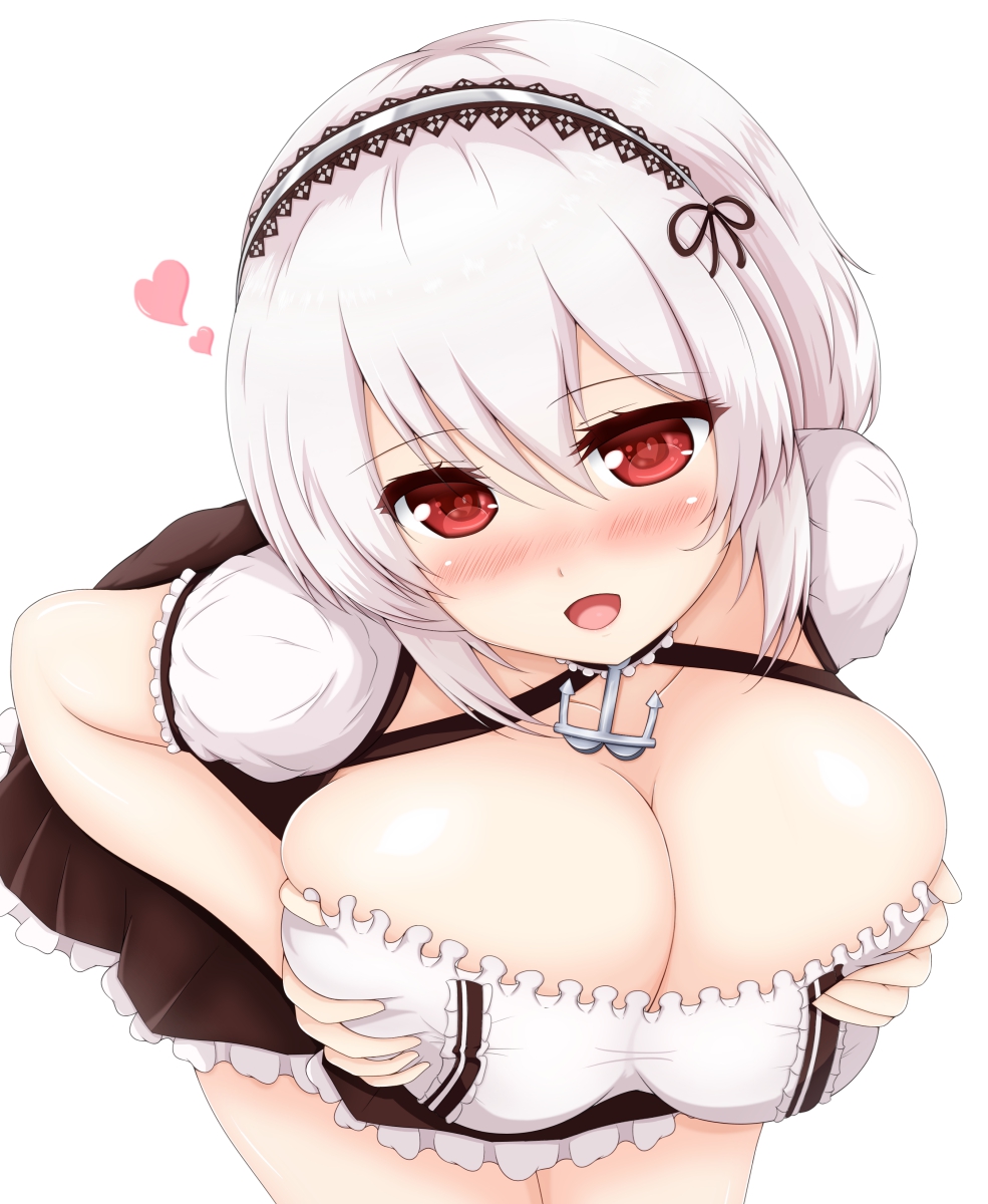 1girl anchor_necklace azur_lane bananana1 blush breasts choker cleavage frilled_choker frilled_skirt frills full-face_blush hands_on_own_breasts heart highres leaning_forward legs_together maid maid_headdress red_eyes short_hair sidelocks sirius_(azur_lane) skirt thighs white_background white_hair