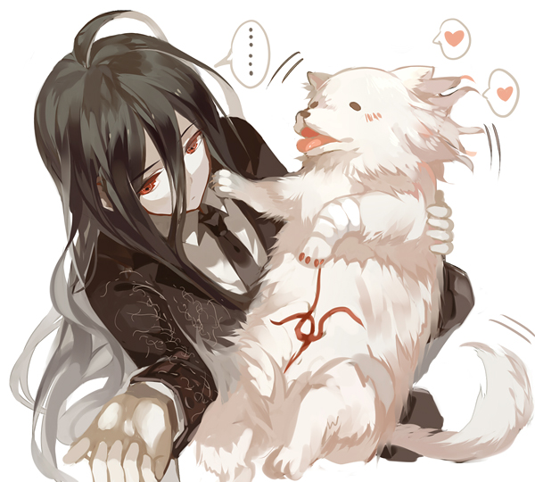 ... 1boy ahoge animal bandage bandaid_on_leg black_hair black_jacket black_neckwear commentary_request dangan_ronpa dhiea dog formal fur hair_between_eyes heart holding holding_animal jacket kamukura_izuru komaeda_nagito long_hair male_focus necktie pale_skin red_eyes shirt simple_background solo spoken_heart super_dangan_ronpa_2 tongue tongue_out white_background white_dog white_shirt