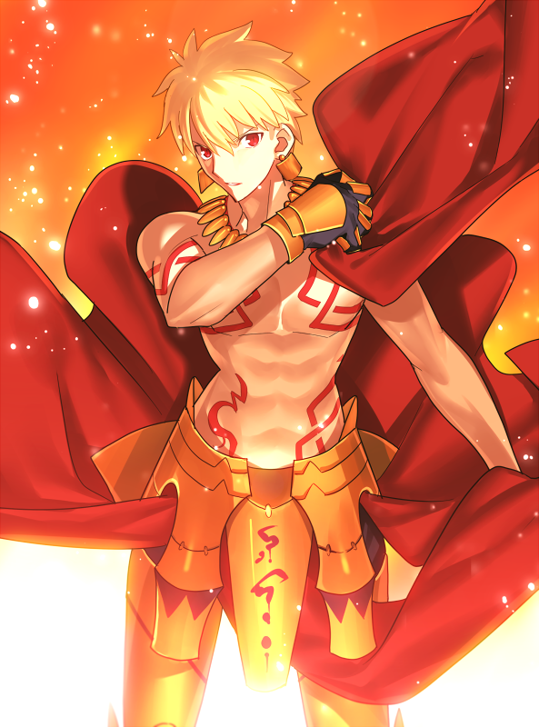 1boy blonde_hair cape collarbone earrings fate/stay_night fate_(series) gauntlets gilgamesh hair_between_eyes jewelry looking_at_viewer male_focus red_cape red_eyes sen_(77nuvola) solo