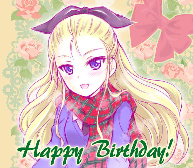 1girl :d assam black_neckwear black_ribbon blonde_hair blue_eyes blue_sweater bow breath burafu commentary_request doily dress_shirt english_text floral_background flower girls_und_panzer hair_pulled_back hair_ribbon happy_birthday ivy light_blush long_hair long_sleeves necktie open_mouth partial_commentary pink_flower pink_rose plaid plaid_scarf red_bow red_scarf ribbon rose scarf school_uniform shirt smile solo st._gloriana's_school_uniform sweater v-neck white_shirt