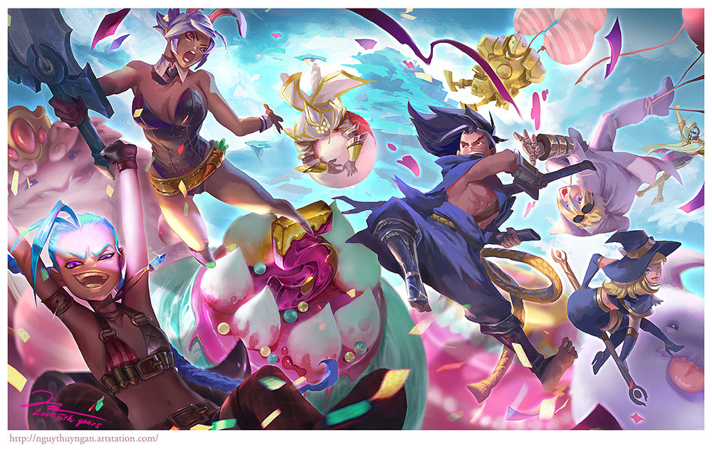 3girls 4boys 5 abs animal_ears armband balloon belt belt_buckle black_eyes black_gloves black_hair black_neckwear blitzcrank blonde_hair blue_eyes blue_hair bracer buckle bullet cake candy carrot confetti crown elbow_gloves extra_eyes eyewear_on_head ezreal facial_hair falling fingerless_gloves fishnets floating food formal gem gloves grey_hair hands_up hat high_heels holding holding_sword holding_weapon horns icing jewelry jinx_(league_of_legends) katana league_of_legends leotard long_hair luxanna_crownguard mask master_yi medium_hair multiple_boys multiple_girls muscle mustache necklace necktie nguy_thuy_ngan no_shoes number open_mouth ponytail poro_(league_of_legends) purple_gloves rabbit_ears red_eyes riven_(league_of_legends) robot scabbard scar scratches sheath short_hair signature silver_hair sitting suit sunglasses sword tongue tongue_out twintails violet_eyes weapon white_legwear white_suit witch witch_hat yasuo_(league_of_legends)