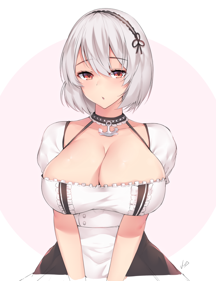 1girl anchor azur_lane bangs blush breasts choker collarbone eyebrows_visible_through_hair eyes_visible_through_hair hair_between_eyes hairband kuavera lace-trimmed_hairband large_breasts looking_at_viewer maid parted_lips puffy_sleeves red_eyes ribbon short_sleeves sidelocks signature sirius_(azur_lane) solo white_hair