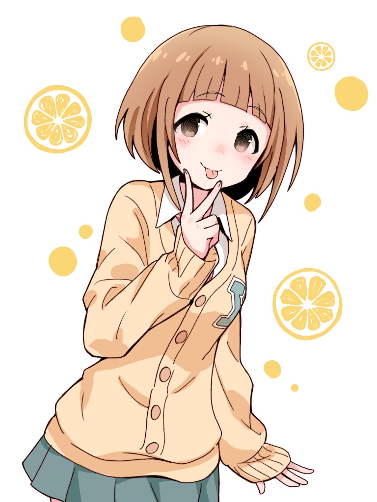 1girl :p bangs blue_skirt blush brown_cardigan brown_eyes brown_hair cardigan character_request closed_mouth collared_shirt ddak5843 eyebrows_visible_through_hair fingernails food food_background fruit hand_up idolmaster idolmaster_cinderella_girls kitami_yuzu lemon lemon_slice long_sleeves pleated_skirt school_uniform shirt simple_background skirt sleeves_past_wrists smile solo tongue tongue_out white_background white_shirt