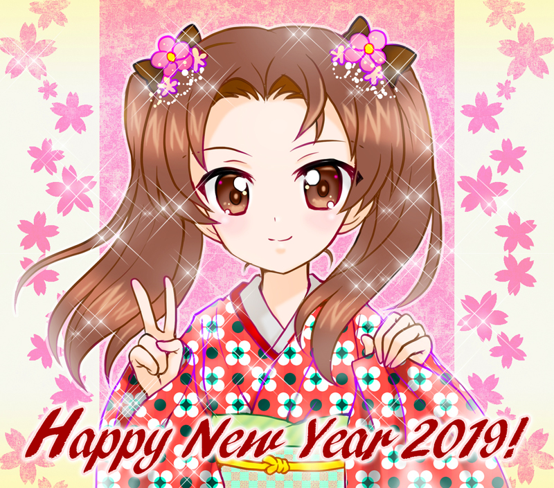 1girl bangs black_bow bow brown_eyes brown_hair burafu closed_mouth commentary_request english_text floral_background floral_print flower girls_und_panzer hair_bow hair_flower hair_ornament happy_new_year japanese_clothes kadotani_anzu kimono long_hair long_sleeves looking_at_viewer new_year obi parted_bangs partial_commentary print_kimono red_kimono sash smile solo sparkle twintails upper_body v wide_sleeves