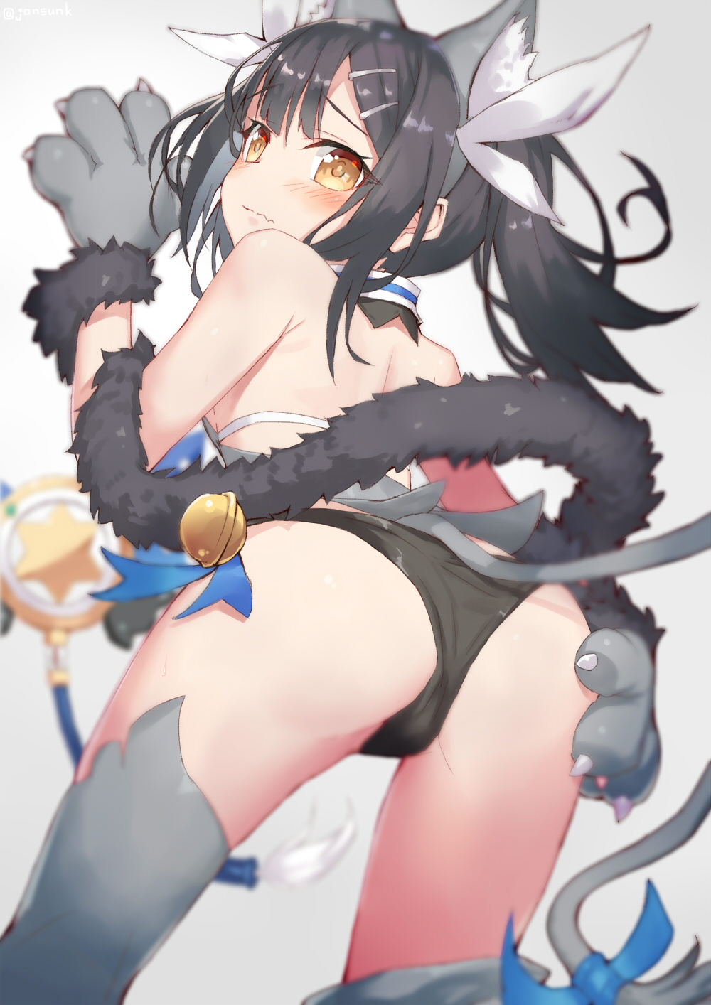 1girl animal_ear_fluff animal_ears ass back bangs bare_shoulders black_hair black_panties blush brown_eyes cat_ears cat_tail closed_mouth commentary_request eyebrows_visible_through_hair fate/kaleid_liner_prisma_illya fate_(series) from_behind gloves grey_legwear grey_shirt hair_between_eyes hair_ornament hairclip highres jonsun long_hair looking_at_viewer looking_back magical_sapphire miyu_edelfelt panties paw_gloves paws ribbon shirt simple_background sleeveless solo tail thigh-highs twintails twitter_username underwear wand wavy_mouth white_ribbon