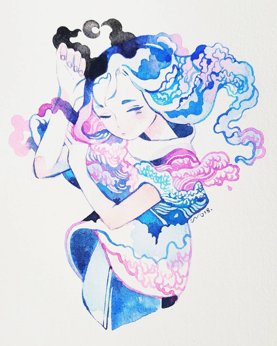 1girl arm_up clouds crescent_moon cropped_torso expressionless highres limited_palette liquid_hair long_hair maruti_bitamin moon one_eye_closed original pink_eyes shirt short_sleeves simple_background solo surreal traditional_media watercolor_(medium) waves white_background