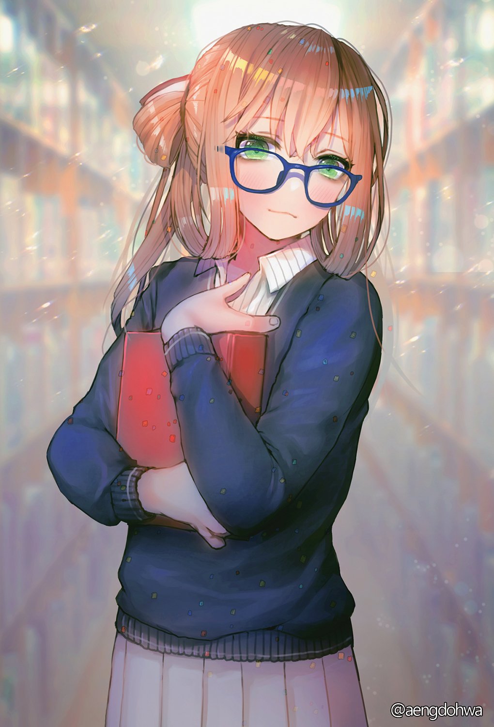 1girl alternate_costume bangs blue-framed_eyewear blue_sweater blurry blush book breasts brown_hair collared_shirt confetti depth_of_field eyebrows_visible_through_hair girls_frontline glasses green_eyes hair_between_eyes hair_ribbon hair_rings hanato_(seonoaiko) hand_on_own_chest head_tilt highres holding holding_book large_breasts library light_particles long_hair looking_at_viewer m1903_springfield_(girls_frontline) pleated_skirt ponytail ribbon shirt sidelocks skirt smile solo striped striped_shirt sweater twitter_username upper_body white_shirt white_skirt