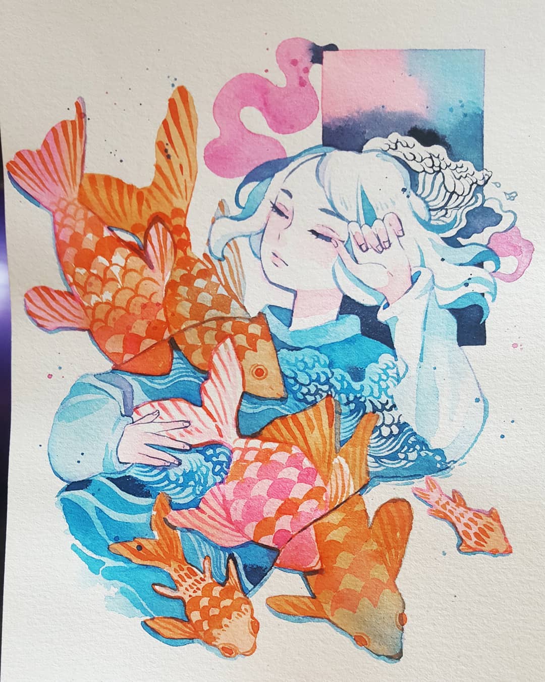 1girl animal closed_eyes cropped_torso expressionless fish goldfish hand_up highres limited_palette long_sleeves maruti_bitamin medium_hair original oversized_animal print_shirt rectangle shirt solo traditional_media water watercolor_(medium) waves white_hair