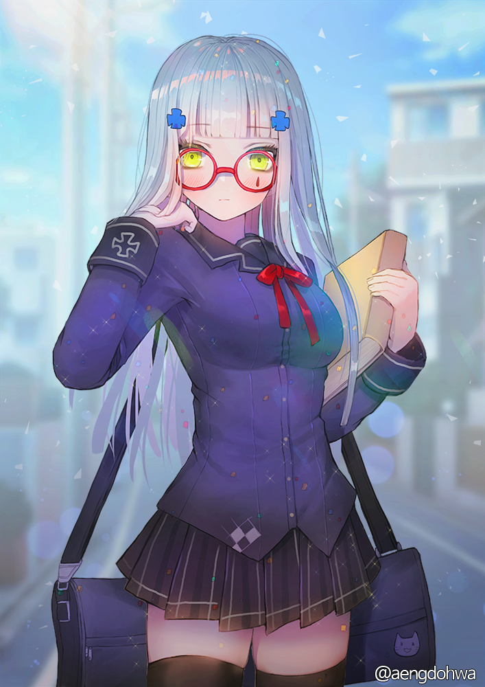 1girl alternate_costume bag bangs black_legwear black_skirt blazer blue_sky blunt_bangs blurry blurry_background blush book breasts building buttons closed_mouth cowboy_shot cross_hair_ornament day depth_of_field duffel_bag eyebrows_visible_through_hair facial_mark girls_frontline glasses green_eyes hair_ornament hanato_(seonoaiko) hand_up hk416_(girls_frontline) holding holding_book jacket large_breasts long_hair long_sleeves looking_at_viewer miniskirt neck_ribbon outdoors pleated_skirt purple_jacket red-framed_eyewear red_neckwear ribbon road round_eyewear silver_hair skirt sky solo standing thigh-highs twitter_username wing_collar zettai_ryouiki