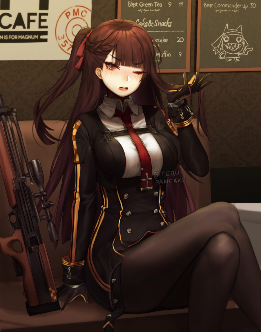 1girl bangs bipod black_legwear black_skirt blazer blush breasts bullpup collared_shirt couch eyebrows_visible_through_hair girls_frontline gloves gun hair_ribbon half_updo hand_in_hair high-waist_skirt indoors jacket large_breasts legs_crossed long_hair looking_at_viewer menu_board necktie one_eye_closed one_side_up open_mouth pantyhose purple_hair red_eyes red_neckwear ribbon rifle shirt sidelocks sitting skirt sniper_rifle solo terupancake twitter_username very_long_hair wa2000_(girls_frontline) walther walther_wa_2000 weapon