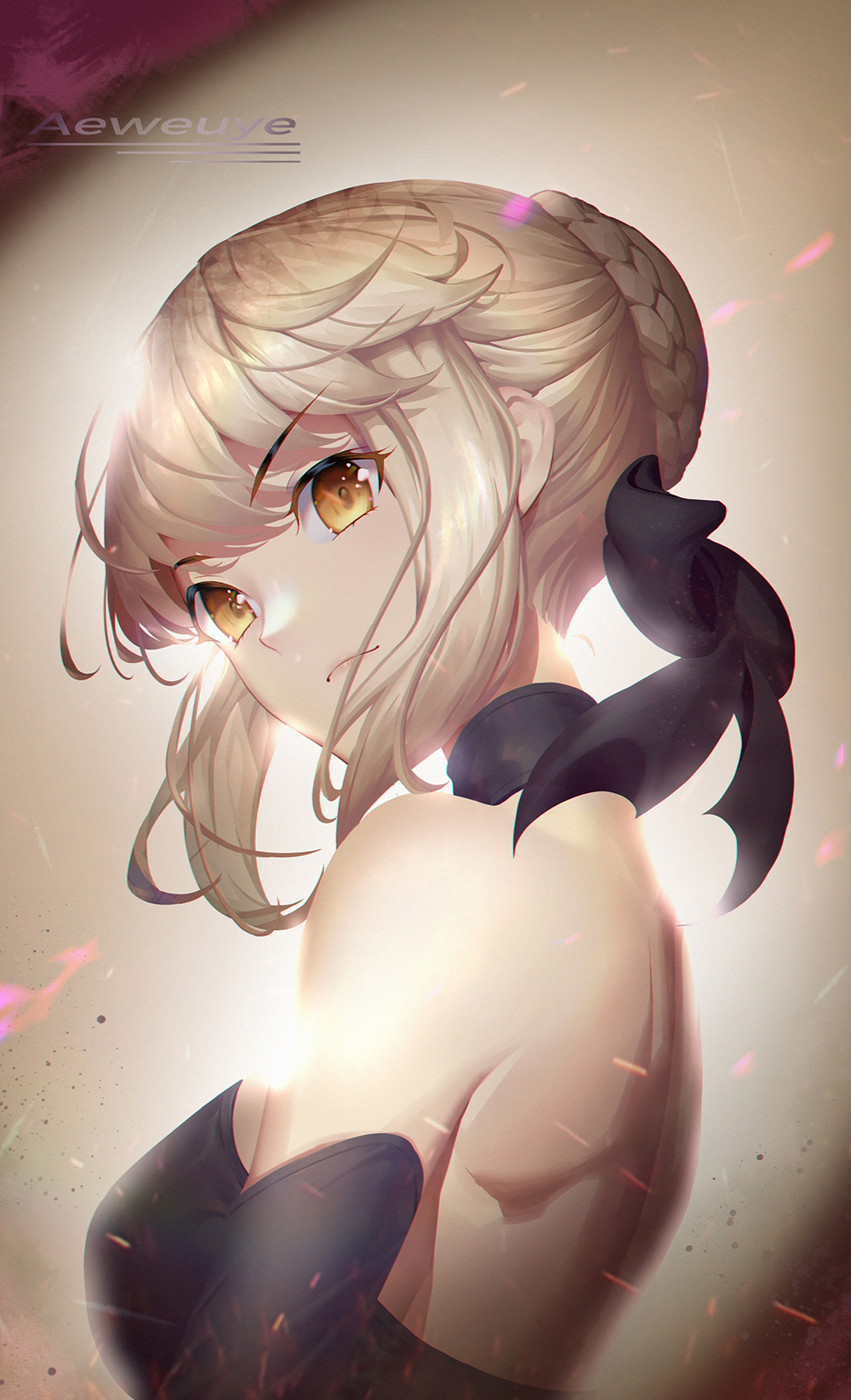 1girl aeweuye artist_name artoria_pendragon_(all) bare_shoulders black_bow black_neckwear blonde_hair bow braid braided_bun choker closed_mouth elbow_gloves fate/grand_order fate/stay_night fate_(series) gloves hair_bow hair_bun highres looking_at_viewer saber_alter smile solo upper_body yellow_eyes