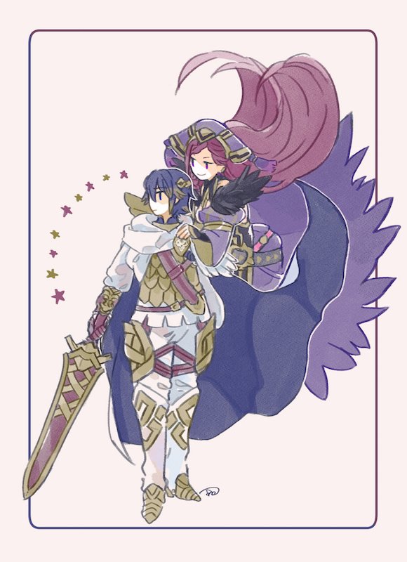 1boy 1girl alfonse_(fire_emblem) armor blonde_hair blue_eyes blue_hair cape closed_mouth commentary_request dress eyebrows_visible_through_hair fire_emblem fire_emblem_heroes floating fur_trim gloves gradient_hair hair_between_eyes hair_ornament hand_on_another's_shoulder hat holding holding_sword holding_weapon loki_(fire_emblem_heroes) long_hair multicolored_hair murabito_ba nintendo purple_dress purple_hair short_hair signature simple_background smile sword violet_eyes weapon white_footwear