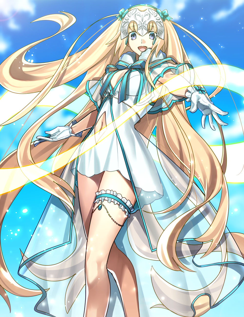 1girl :d absurdly_long_hair blonde_hair blue_eyes blue_sky blurry blurry_background breasts cleavage dress eyebrows_visible_through_hair fate/grand_order fate_(series) floating_hair from_below headpiece highres jeanne_d'arc_(fate)_(all) long_hair looking_at_viewer medium_breasts midriff navel navel_cutout open_mouth outdoors see-through sen_(77nuvola) short_dress sky sleeveless sleeveless_dress smile solo standing stomach thigh_strap very_long_hair white_dress
