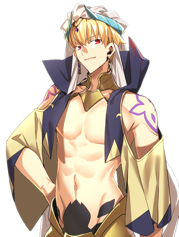 1boy blonde_hair earrings fate/stay_night fate_(series) gilgamesh groin hand_on_hip jewelry looking_at_viewer male_focus navel red_eyes sen_(77nuvola) short_hair shoulder_cutout simple_background smile solo standing upper_body white_background