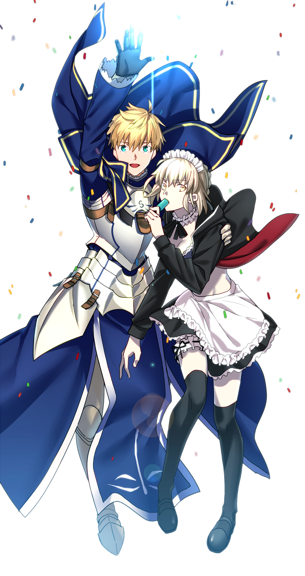 1boy 1girl :d apron arm_up arthur_pendragon_(fate) artoria_pendragon_(all) artoria_pendragon_(swimsuit_rider_alter) black_gloves black_jacket black_legwear black_skirt blonde_hair fate/grand_order fate_(series) faulds frilled_apron frilled_skirt frills garter_straps gloves green_eyes groin hand_on_another's_shoulder highres hood hood_down hooded_jacket jacket long_sleeves looking_at_viewer maid_headdress midriff miniskirt open_clothes open_jacket open_mouth sen_(77nuvola) short_hair silver_hair simple_background skirt smile stomach thigh-highs waist_apron white_apron white_background yellow_eyes zettai_ryouiki