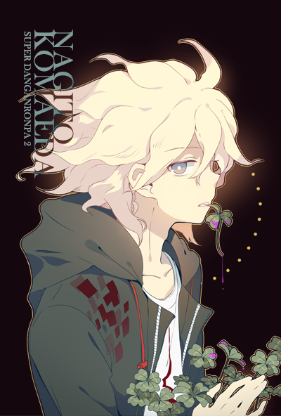 1boy ahoge blood character_name clover clover_(flower) collarbone dangan_ronpa dark_background dhiea eyebrows_visible_through_hair flower four-leaf_clover green_hoodie hair_between_eyes holding holding_flower hood hoodie in_mouth komaeda_nagito messy_hair open_clothes open_hoodie pink_blood shirt simple_background super_dangan_ronpa_2 title upper_body white_shirt