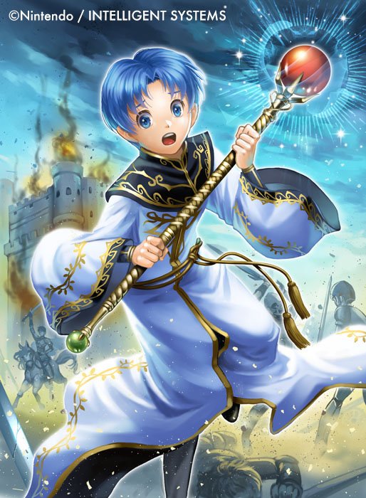 1boy blue_eyes blue_hair boots castle copyright_name faceless faceless_male fire fire_emblem fire_emblem:_seisen_no_keifu fire_emblem_cipher helmet horse intelligent_systems male_focus misa_tsutsui nintendo official_art open_mouth sharlow_(fire_emblem) sky solo sparkle staff sword teeth weapon