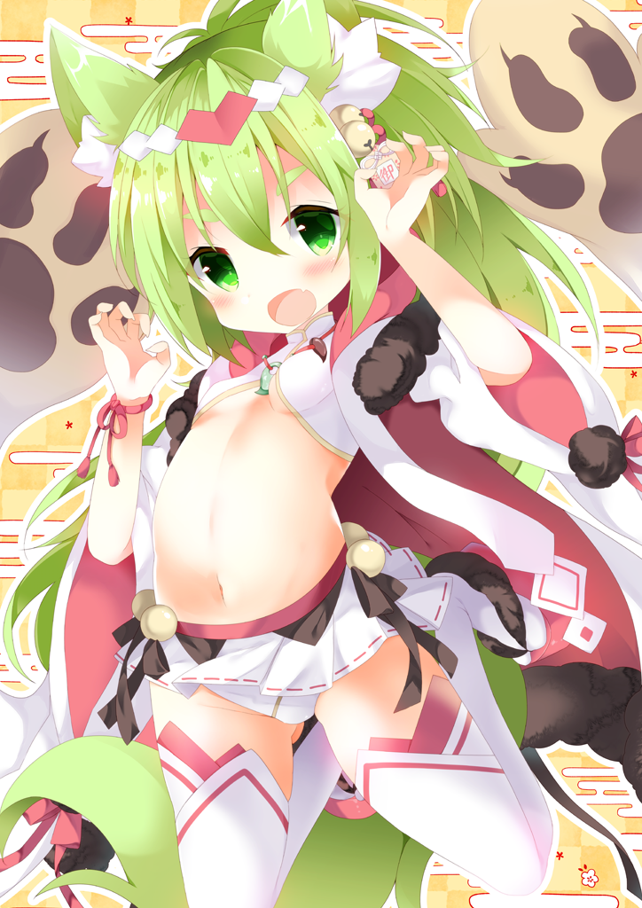 1girl :d animal_ear_fluff animal_ears arm_up azur_lane bangs bell blush breasts claw_pose commentary_request egasumi eyebrows_behind_hair fang fuuna_thise green_eyes green_hair hair_bell hair_between_eyes hair_ornament hand_up isokaze_(azur_lane) jingle_bell long_hair magatama_necklace navel open_mouth pleated_skirt short_sleeves skirt small_breasts smile solo stomach tail thick_eyebrows thigh-highs very_long_hair white_legwear white_skirt wide_sleeves