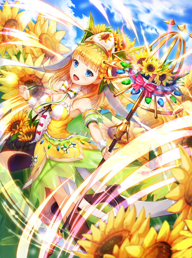 1girl :d armlet bangs blonde_hair blue_eyes blue_sky breasts brown_legwear cleavage clenched_hand clouds day dress flower gem hair_flower hair_ornament hat holding holding_staff looking_at_viewer lunacle medium_breasts open_mouth original outdoors sky smile staff standing sunflower wind wrist_cuffs yellow_dress