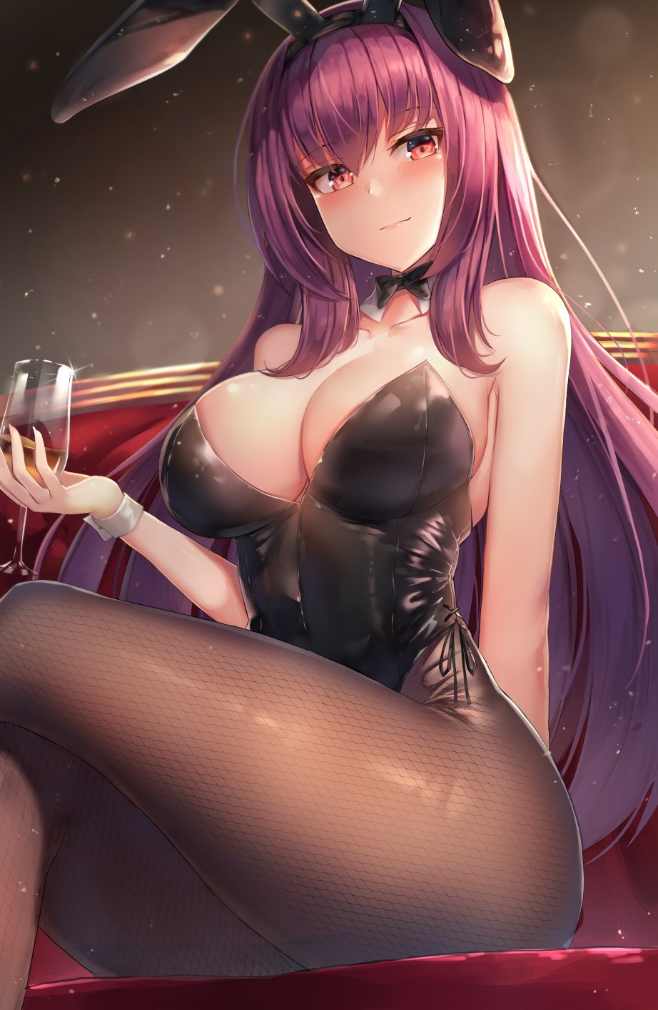 1girl alcohol animal_ears arm_behind_back bangs bare_shoulders black_legwear black_leotard blush bow bowtie breasts cleavage commentary couch cup curvy detached_collar eyebrows_visible_through_hair fake_animal_ears fate_(series) glint hair_between_eyes highres holding holding_cup large_breasts leotard light_particles long_hair looking_at_viewer motokonut pantyhose purple_hair rabbit_ears red_eyes scathach_(fate)_(all) scathach_(fate/grand_order) shiny shiny_skin sidelocks sitting smile solo very_long_hair wrist_cuffs