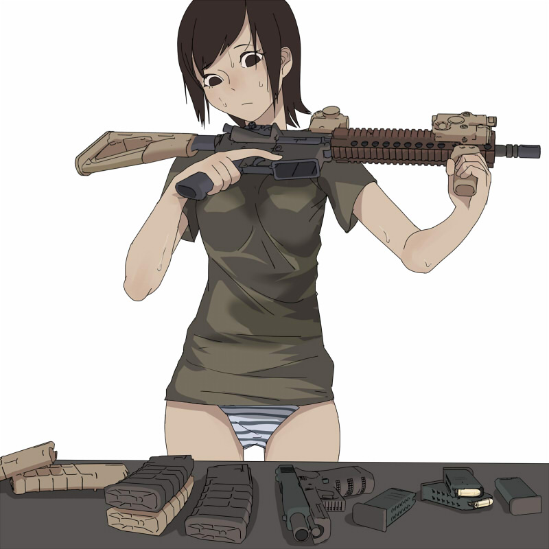 1girl assault_rifle black_eyes black_hair etmc1992 foregrip glock gun handgun holding holding_gun holding_weapon laser_sight m4_carbine magazine_(weapon) no_pants original panties rifle shirt short_hair solid_eyes solo striped striped_panties sweat t-shirt trigger_discipline underwear weapon white_background