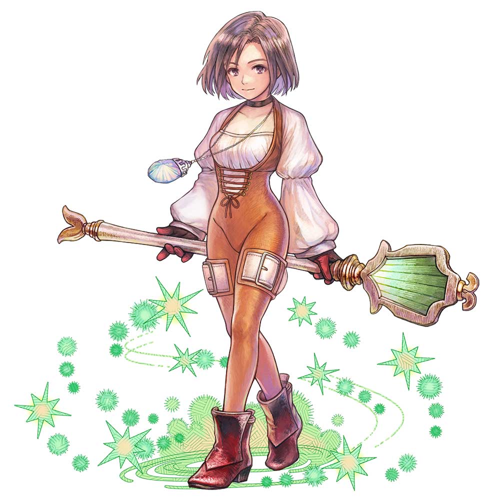 1girl ankle_boots artist_request black_hair bodysuit boots breasts brown_choker brown_eyes brown_footwear brown_gloves brown_hair choker closed_mouth final_fantasy final_fantasy_ix full_body garnet_til_alexandros_xvii gloves groin high_heel_boots high_heels holding holding_staff jewelry long_sleeves looking_at_viewer medium_hair necklace official_art orange_bodysuit puffy_long_sleeves puffy_sleeves short_hair simple_background small_breasts smile solo staff standing weapon white_background