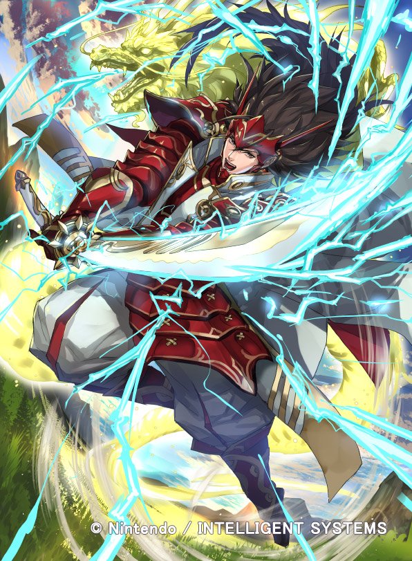 1boy armor armored_boots boots brown_eyes brown_hair clouds copyright_name dragon electricity fire_emblem fire_emblem_cipher fire_emblem_if gloves grass japanese_armor kuroba.k long_hair male_focus mountain nintendo official_art open_mouth ryouma_(fire_emblem_if) sky solo sword teeth weapon