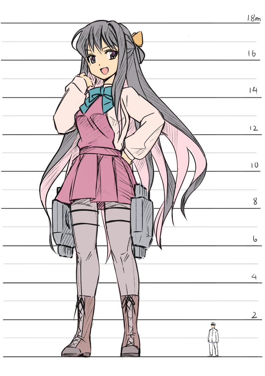 1boy 1girl admiral_(kantai_collection) black_footwear black_hair boots bow breasts cross-laced_footwear dress fang full_body giantess ground_vehicle height_chart highres jacket kantai_collection lace-up_boots long_hair long_sleeves looking_at_viewer medium_breasts multicolored_hair naganami_(kantai_collection) open_mouth orange_eyes pants pantyhose pink_hair pink_legwear purple_dress seo_tatsuya shiny shiny_hair shirt short_hair simple_background size_difference sketch solo_focus standing tongue torpedo_tubes two-tone_hair very_long_hair white_background white_jacket white_pants white_shirt yellow_bow