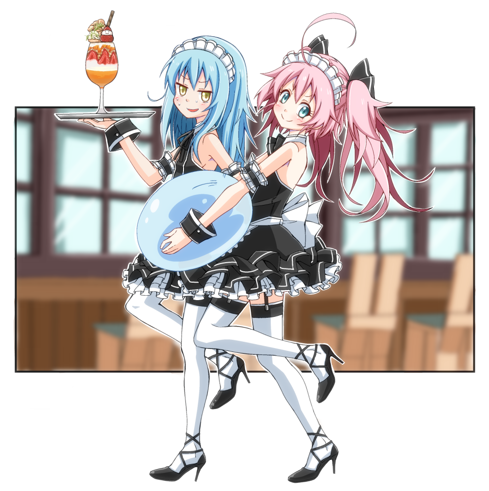 1girl 1other ahoge alternate_costume androgynous azumaya_(miyui001) bare_shoulders blue_hair blush bow carrying closed_eyes dress enmaided frilled_dress frilled_skirt frills gothic_lolita hair_bow high_heels lolita_fashion long_hair looking_at_viewer maid maid_headdress milim_nava parfait pink_hair rimuru_tempest skirt sleeveless sleeveless_dress slime smile tensei_shitara_slime_datta_ken thigh-highs twintails yellow_eyes