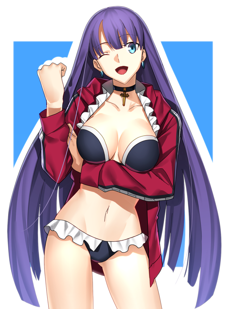 1girl ;d bikini black_bikini blue_eyes breasts choker cleavage collarbone cowboy_shot earrings fate/grand_order fate_(series) floating_hair frilled_bikini frills groin jacket jewelry large_breasts long_hair long_sleeves navel one_eye_closed open_clothes open_jacket open_mouth purple_hair red_jacket saint_martha saint_martha_(swimsuit_ruler)_(fate) sen_(77nuvola) shaak_ti smile solo standing swimsuit very_long_hair