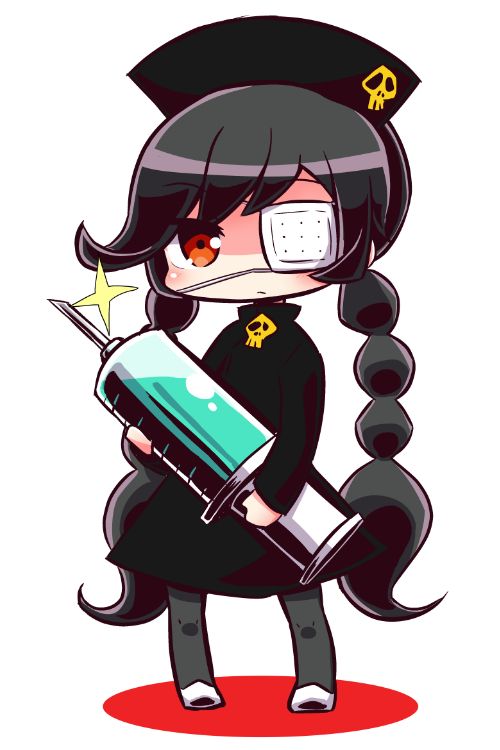1girl ashley_(warioware) bangs black_dress black_hair black_hat black_legwear blush braid chibi closed_mouth colored_shadow commentary_request dress eyebrows_visible_through_hair eyepatch full_body glint hat holding holding_syringe large_syringe long_hair long_sleeves low_twintails medical_eyepatch naga_u nintendo nurse_cap oversized_object pantyhose red_eyes shadow shoes skull skull_print solo standing syringe twin_braids twintails very_long_hair warioware white_background white_footwear