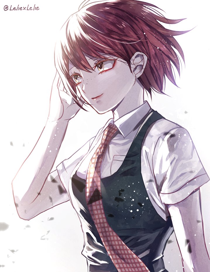 1girl dangan_ronpa eyebrows_visible_through_hair freckles hair_between_eyes hand_in_hair koizumi_mahiru red_neckwear redhead shirt short_hair short_sleeves smile solo super_dangan_ronpa_2 twitter_username upper_body white_background white_shirt yellow_eyes z-epto_(chat-noir86)