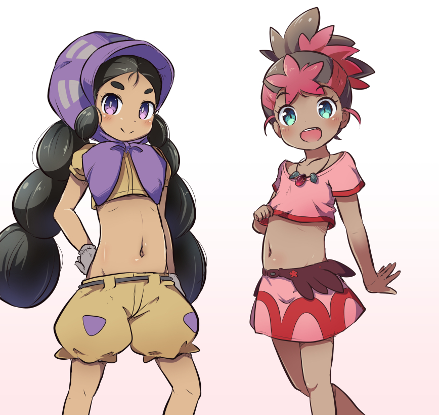 2girls :d bangs blush brown_background brown_hair brown_shirt brown_shorts closed_mouth collarbone creatures_(company) crop_top eyebrows_visible_through_hair game_freak gloves gradient gradient_background green_eyes hapu'u_(pokemon) hoshi_(pokemon) jewelry long_hair low_twintails midriff multicolored_hair multiple_girls navel necklace nekono_rin nintendo open_mouth pink_shirt pink_skirt pokemon pokemon_(game) pokemon_sm puffy_short_sleeves puffy_shorts puffy_sleeves redhead round_teeth shirt short_eyebrows short_shorts short_sleeves shorts skirt smile teeth thick_eyebrows twintails two-tone_hair upper_teeth very_long_hair violet_eyes white_background white_gloves
