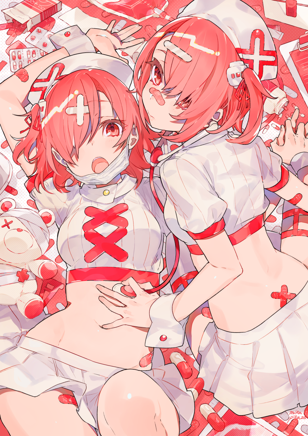 2girls :o arm_up back bandage breasts commentary_request cowboy_shot crop_top from_behind hair_over_one_eye hand_on_another's_stomach hat highres looking_at_viewer looking_back lying mask_pull medicine midriff mika_pikazo miniskirt multiple_girls navel nurse nurse_cap on_back open_mouth original pill pleated_skirt red_eyes redhead shirt short_hair short_sleeves sidelocks skirt small_breasts stomach stuffed_animal stuffed_toy surgical_mask teddy_bear white_shirt white_skirt wrist_cuffs