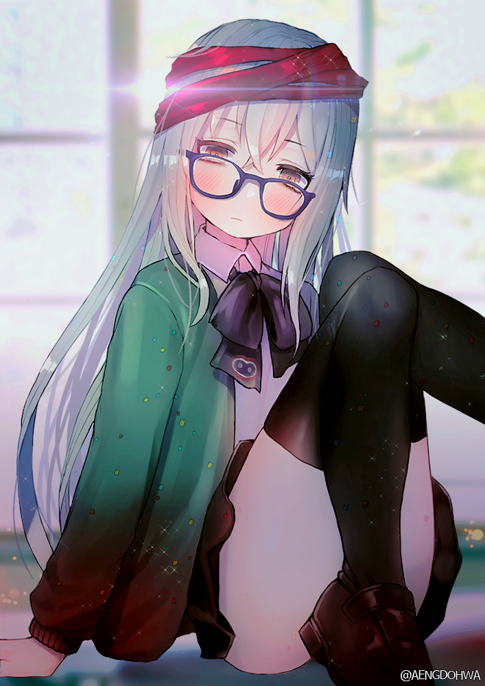 1girl alternate_costume ass bangs black_legwear blue-framed_eyewear blurry blush brown_eyes brown_footwear closed_mouth collared_shirt confetti convenient_leg crossed_bangs depth_of_field diffraction_spikes eyebrows_visible_through_hair g11_(girls_frontline) girls_frontline glasses gradient green_jacket hair_between_eyes hanato_(seonoaiko) head_tilt jacket knees_up lens_flare loafers long_hair looking_at_viewer neck_ribbon open_clothes open_jacket ribbon scarf scarf_on_head school_uniform shirt shoes sidelocks silver_hair sitting skirt solo sparkle thigh-highs thighs twitter_username very_long_hair white_shirt window