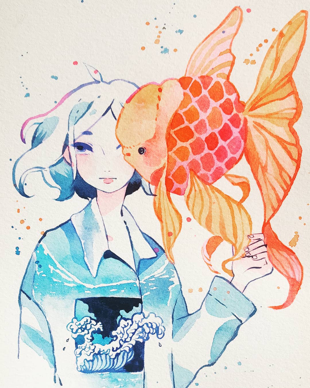 1girl animal collared_shirt expressionless fins fish goldfish highres limited_palette long_sleeves looking_to_the_side maruti_bitamin medium_hair one_eye_covered original oversized_animal print_shirt shirt solo traditional_media upper_body watercolor_(medium) waves white_background white_hair