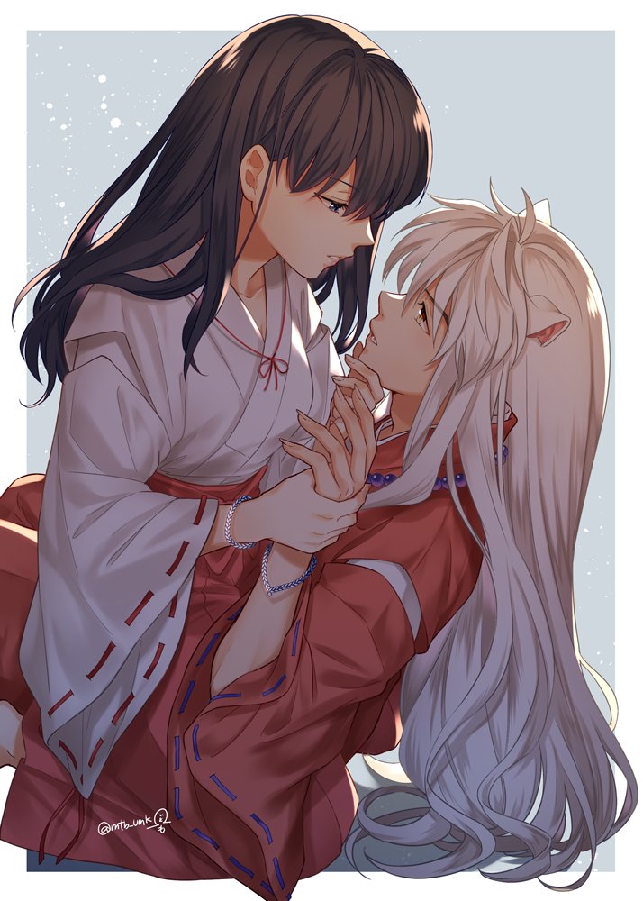 1boy 1girl animal_ears black_hair blue_background blue_eyes bracelet breasts couple dog_ears eyebrows_visible_through_hair face-to-face fingernails hand_holding hand_on_another's_chin hetero higurashi_kagome inuyasha inuyasha_(character) japanese_clothes jewelry kneeling lips long_fingernails long_hair looking_at_another lying medium_breasts miko motobi_(mtb_umk) necklace on_back open_mouth orange_eyes pearl_necklace profile robe simple_background slit_pupils straddling straight_hair twitter_username white_hair wide_sleeves wrist_grab