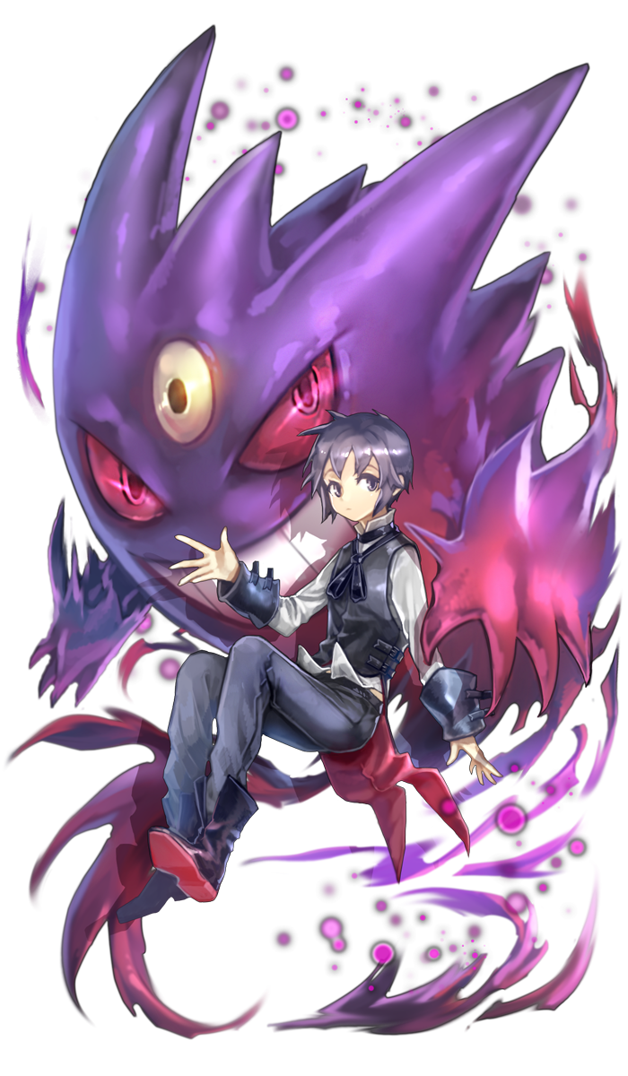 1boy boots creatures_(company) darkness expressionless game_freak gen_1_pokemon gengar grey_eyes grey_hair grin highres interitio looking_at_viewer mega_pokemon nintendo original pokemon pokemon_(creature) red_eyes red_sclera smile teeth third_eye transparent_background vest