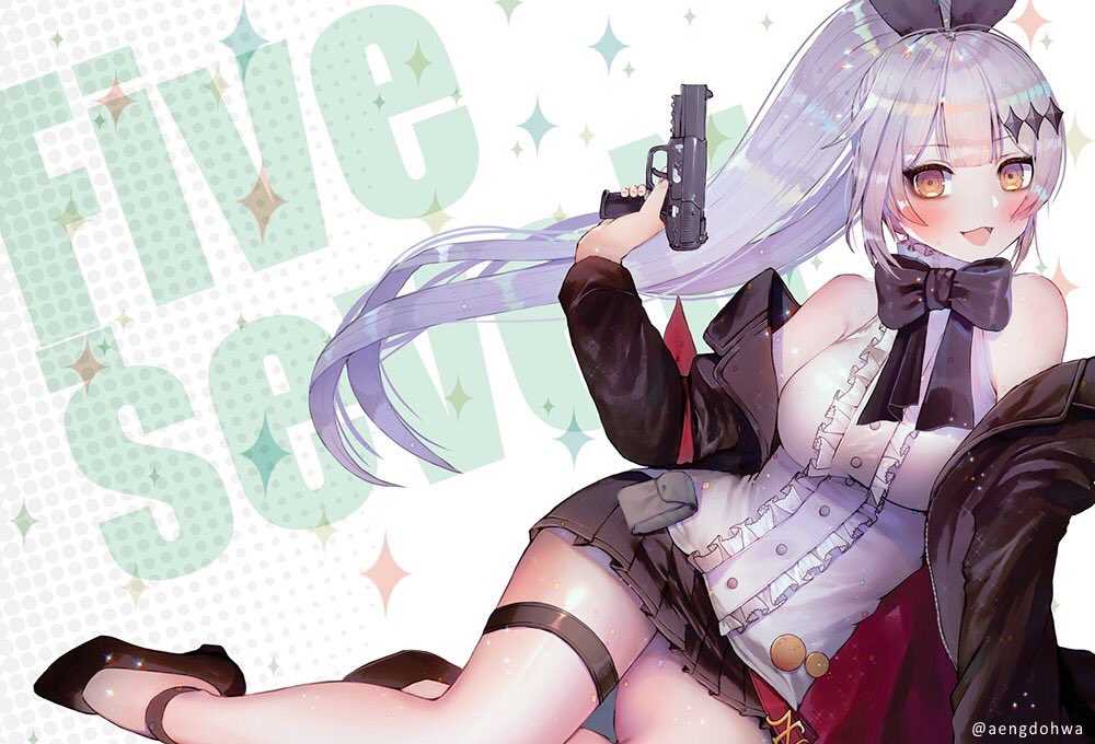 1girl :d arm_support bangs bare_legs bare_shoulders black_footwear black_jacket black_neckwear black_ribbon black_skirt blush breasts brown_eyes buttons character_name five-seven_(girls_frontline) five-seven_(gun) floating_hair frilled_shirt frills girls_frontline gun hair_ornament hair_ribbon hanato_(seonoaiko) hand_up handgun holding holding_gun holding_weapon jacket long_hair long_sleeves looking_at_viewer medium_breasts miniskirt off_shoulder open_clothes open_jacket open_mouth pleated_skirt ponytail ribbon shirt shoes sidelocks silver_hair skirt sleeveless sleeveless_shirt smile solo sparkle_background thigh_strap thighs twitter_username very_long_hair weapon white_shirt