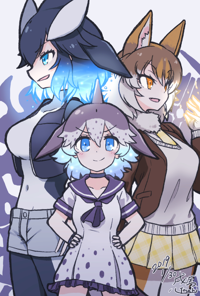 3girls animal_ears ascot bangs bare_arms black_hair black_vest blue_eyes blue_hair bodysuit borrowed_character breasts brown_hair brown_jacket buttons closed_mouth collar collarbone collared_dress commentary_request common_bottlenose_dolphin_(kemono_friends) covered_navel czechoslovakian_wolfdog_(kemono_friends)_(kitsunetsuki_itsuki) dated dress eyebrows_visible_through_hair fang frilled_dress frills fur_collar gloves glowing glowing_hair glowing_hand grey_dress grey_hair grey_shorts grey_sweater hair_between_eyes hair_ornament hairclip hand_up hands_on_hips head_fins height_difference jacket kemono_friends killer_whale_(kemono_friends)_(stylecase) kitsunetsuki_itsuki long_sleeves looking_afar looking_at_viewer medium_hair multicolored_hair multiple_girls necktie open_clothes open_jacket open_mouth open_vest orange_eyes pantyhose parted_lips plaid plaid_skirt pocket sailor_collar short_dress short_sleeves shorts signature skirt smile smug standing sweater tsurime turtleneck upper_body v-shaped_eyebrows vest wetsuit wolf_ears yellow_neckwear yellow_skirt