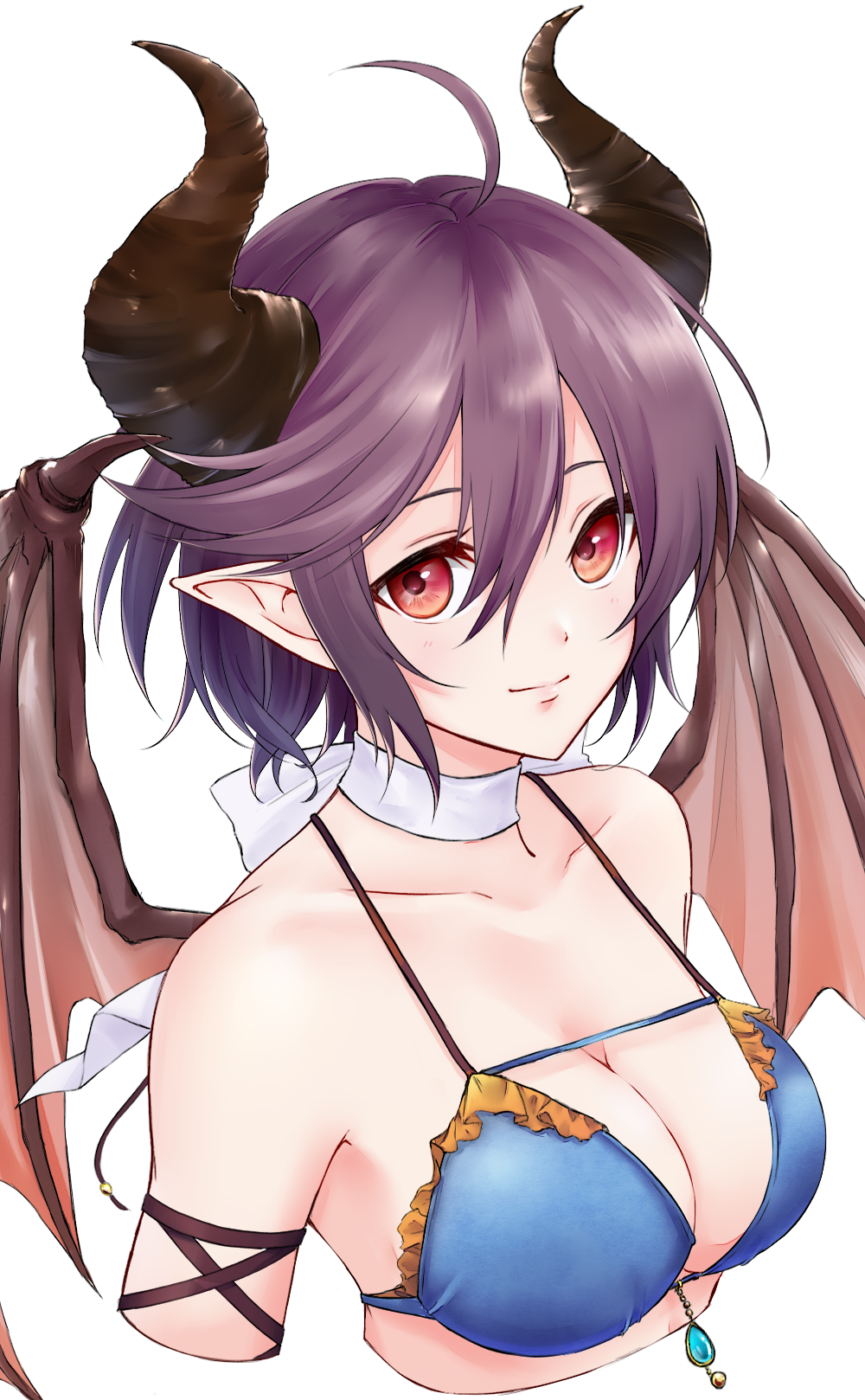 1girl ahoge aoyashio_rin blue_bikini_top breasts brown_hair choker cleavage collarbone cropped_arms cropped_torso demon_wings granblue_fantasy grea_(shingeki_no_bahamut) hair_between_eyes halterneck highres horns jewelry looking_at_viewer medium_breasts pointy_ears red_eyes ribbon ribbon_choker short_hair simple_background solo upper_body white_background white_ribbon wings