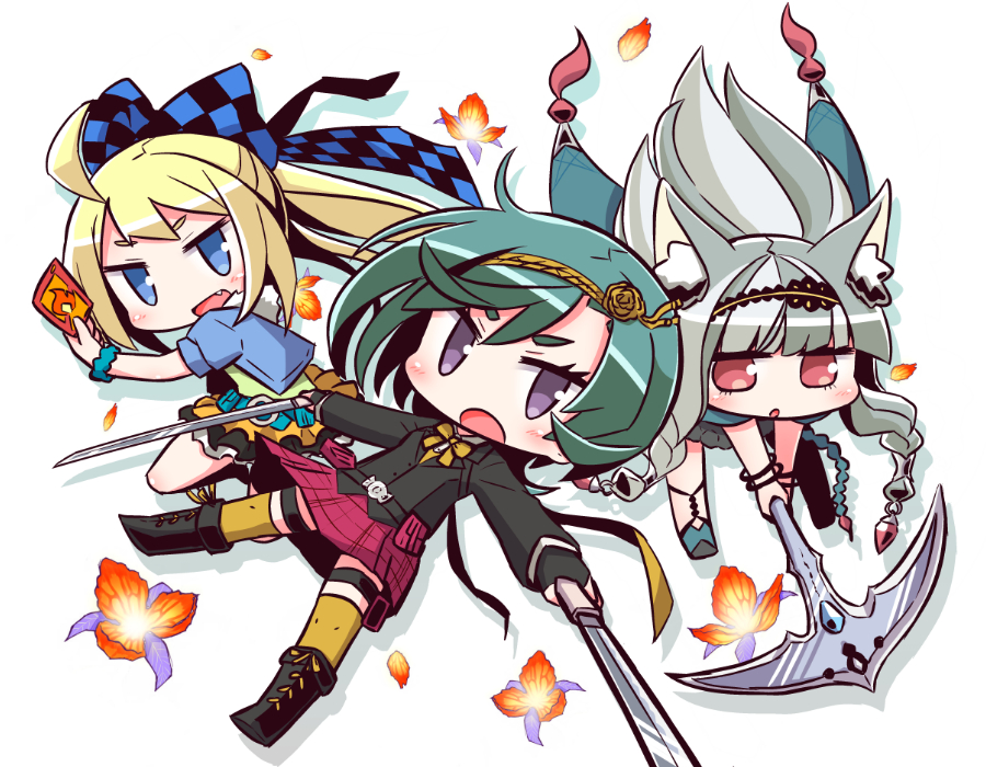 3girls 7th_dragon_(series) 7th_dragon_iii :d :o animal_ear_fluff animal_ears bangs belt belt_buckle black_footwear black_jacket blonde_hair blue_belt blue_eyes blue_jacket blush boots bow buckle card character_request checkered checkered_bow commentary_request drop_shadow dual_wielding fang flower green_hair green_shirt hair_bow holding holding_card holding_sword holding_weapon jacket knee_boots leaning_forward long_hair multiple_girls naga_u open_clothes open_jacket open_mouth parted_lips petals pleated_skirt puffy_short_sleeves puffy_sleeves red_eyes red_flower red_skirt shirt short_eyebrows short_sleeves silver_hair skirt smile sword thick_eyebrows thigh-highs thighhighs_under_boots very_long_hair violet_eyes weapon white_background yellow_bow yellow_legwear